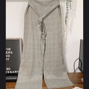 Belted Wide Leg Plaid Dress Pants